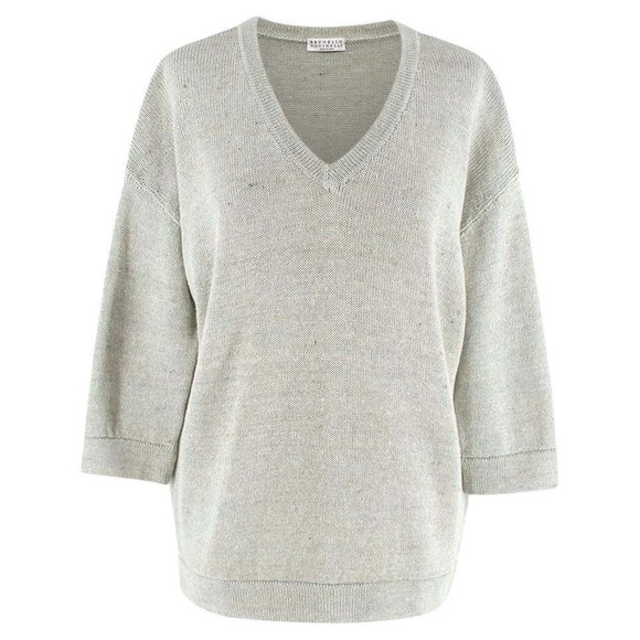 Brunello Cucinelli Heather Green Linen-Blend Sparkle Knit V-neck Sweater - Picture 1 of 13